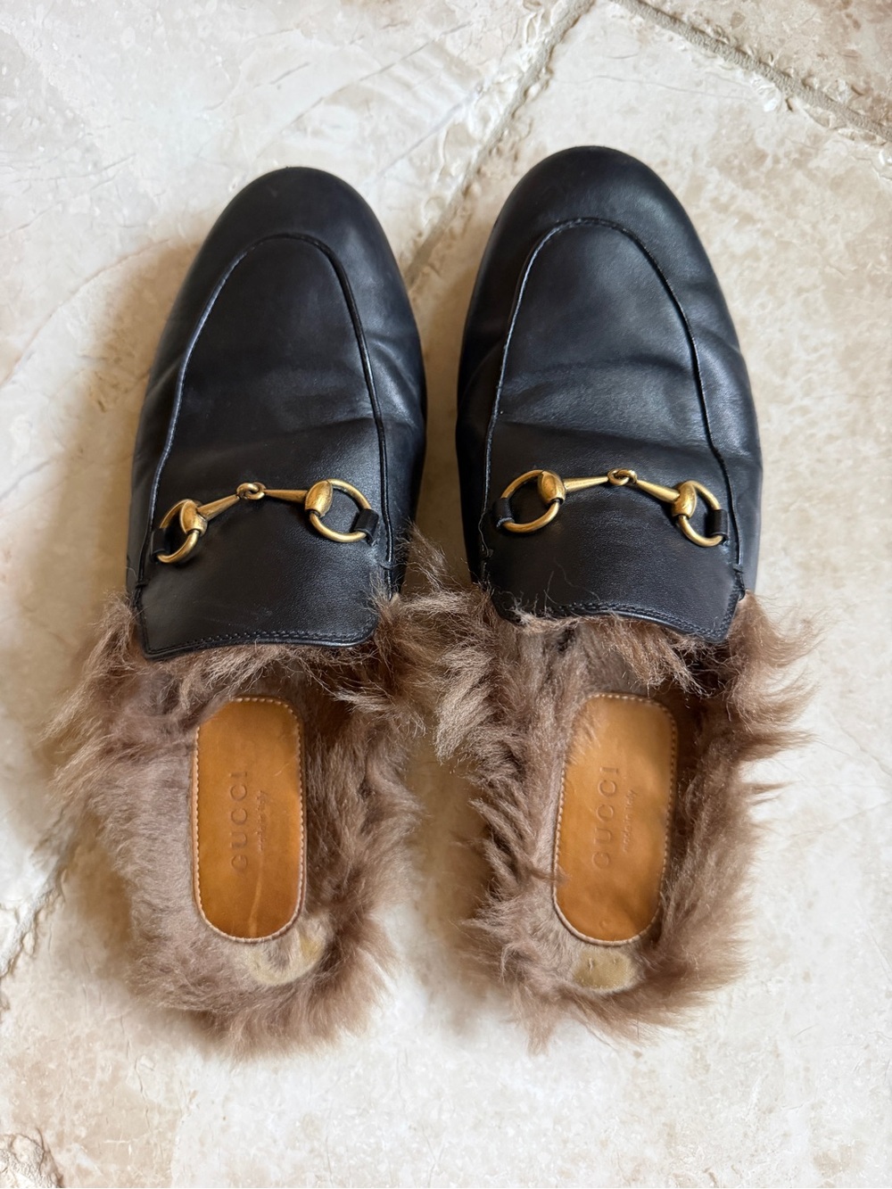 Gucci Black Leather Fur-Lined Horsebit Slip-On Mules